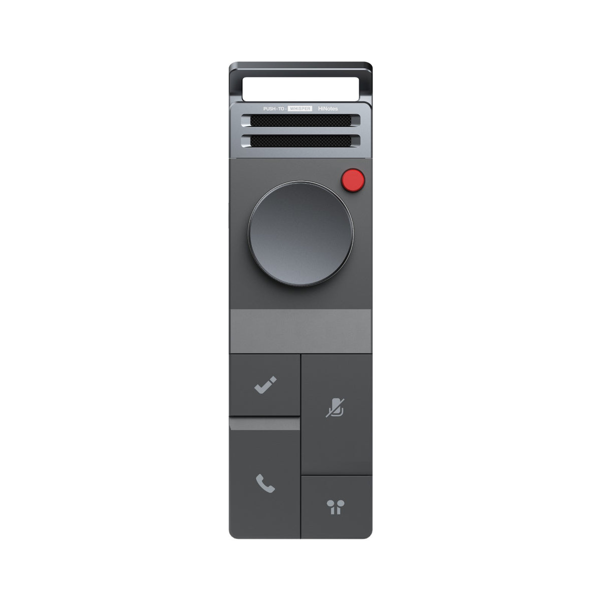 The HiDock P1 recorder — graphite body, control dial, red record button